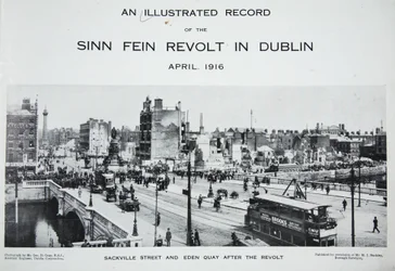 Sackville Street e Eden Quay após a revolta, de um registro ilustrado da Revolução Sinn Fein em Dublin, abril de 1916